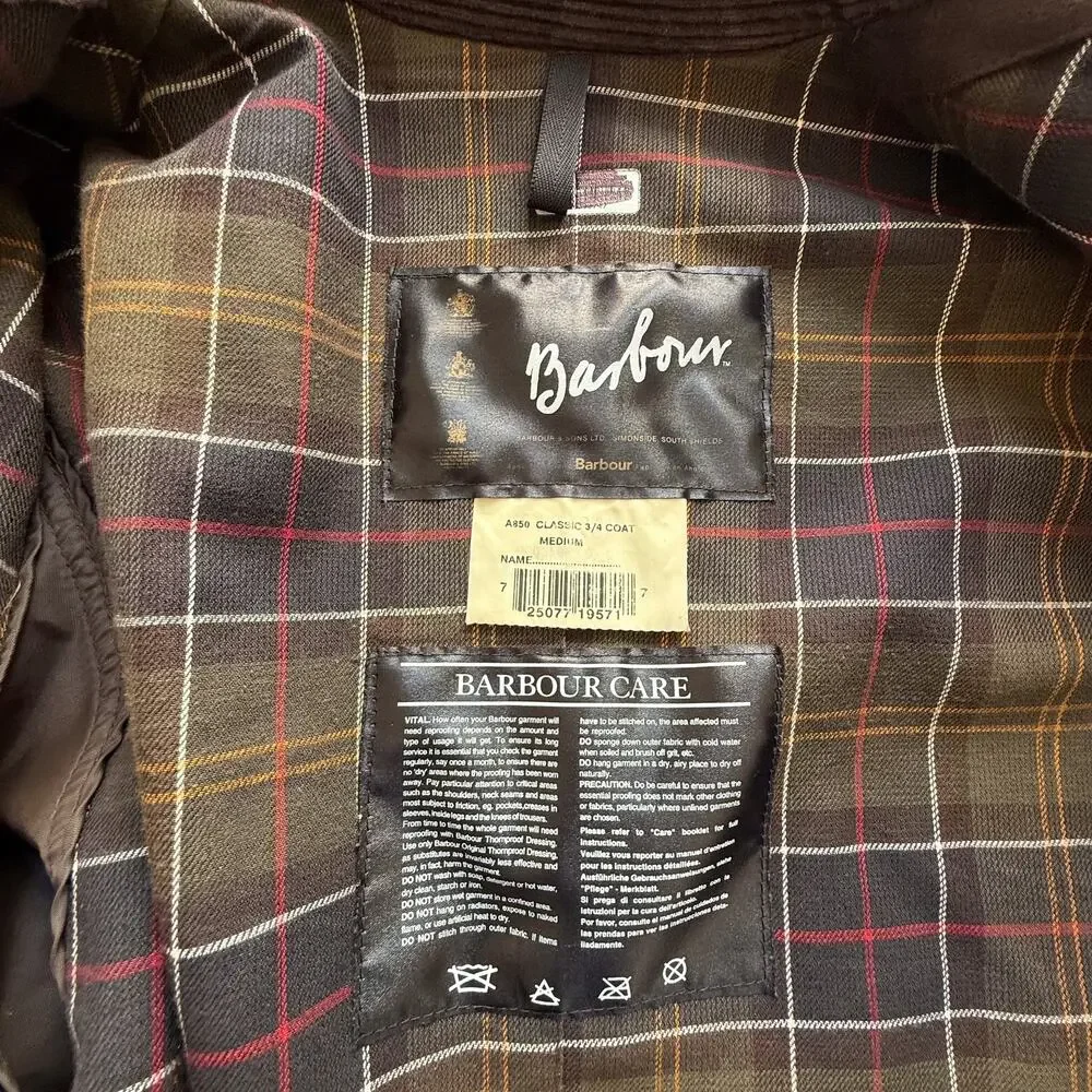 VTG Barbour A850 Classic 3/4 Coat Mens sz M Sage Green Brown 2000 Waxed Cotton